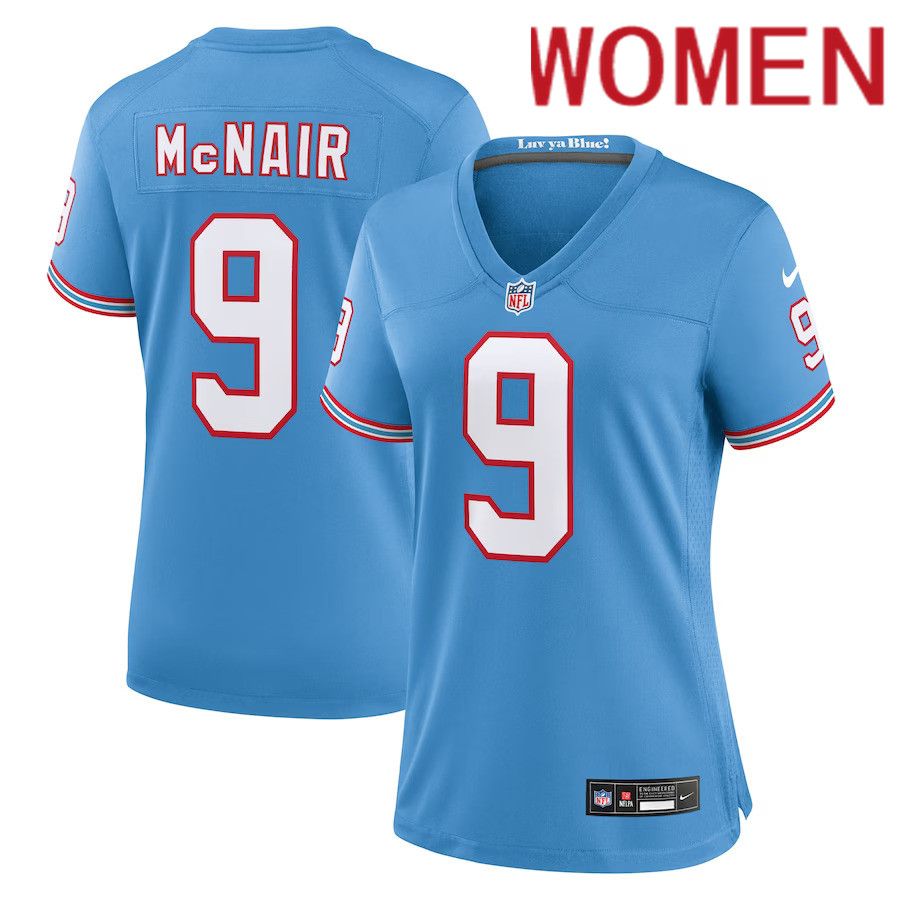 Women Tennessee Titans #9 Steve McNair Nike Light Blue Oilers Throwback Retired Player Game NFL Jersey